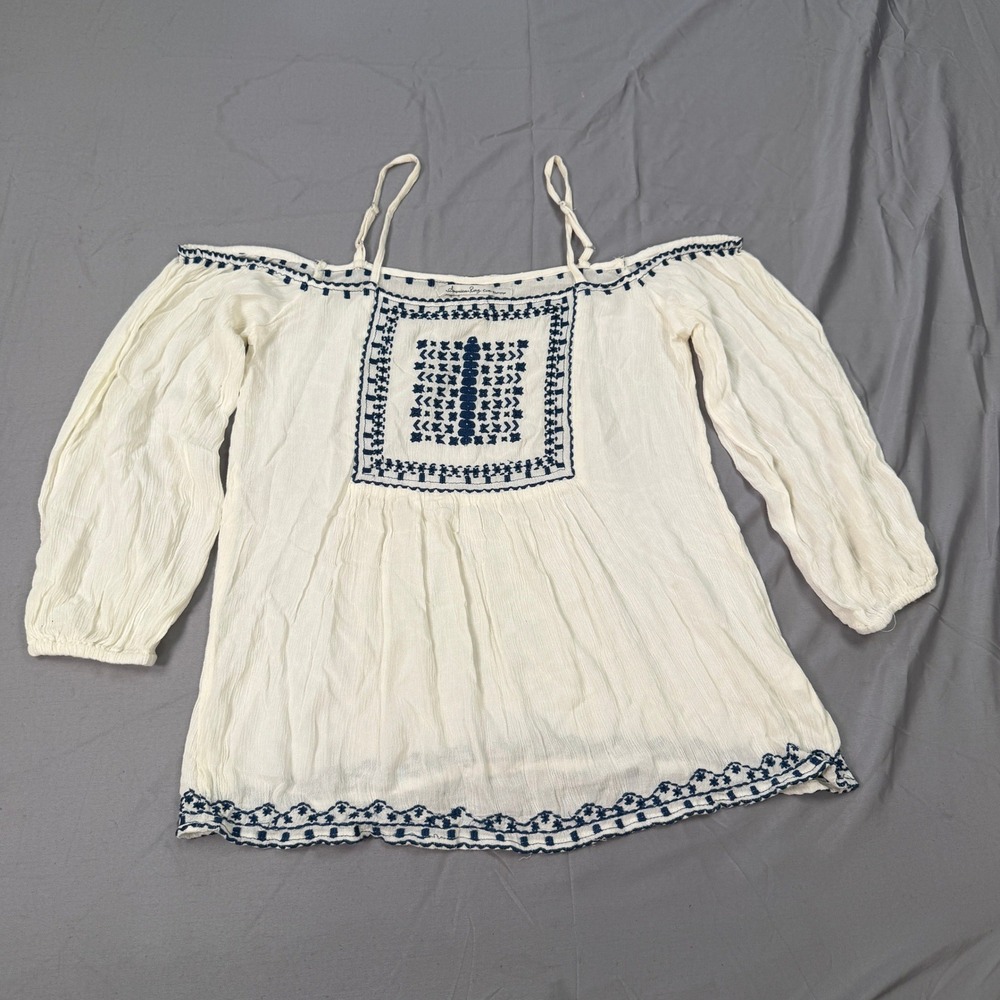 American Rag Cie Womens Small White Embroidered Cold Shoulder Boho Peasant Top